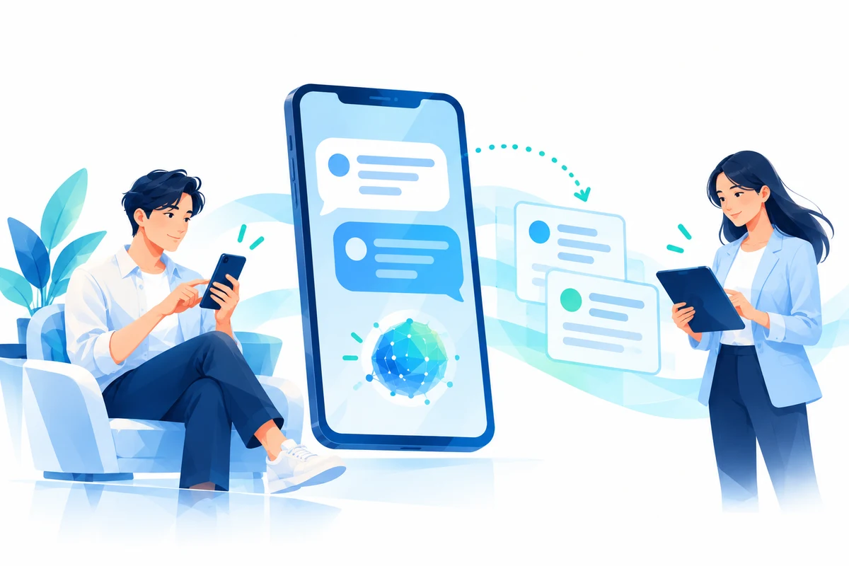 成人の利用者がスマホでAIと対話し、支援スタッフが会話記録を確認するイメージ