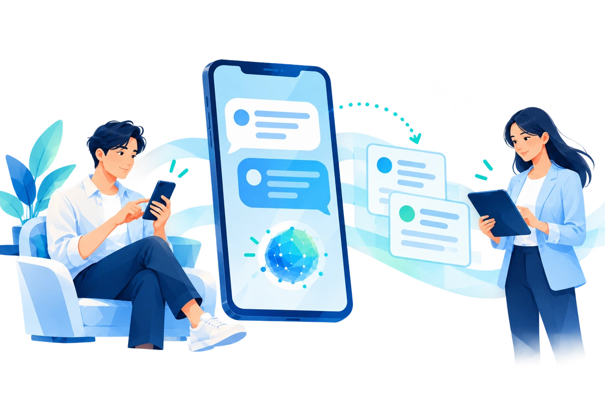 成人の利用者がスマホでAIと対話し、支援スタッフが会話記録を確認するイメージ
